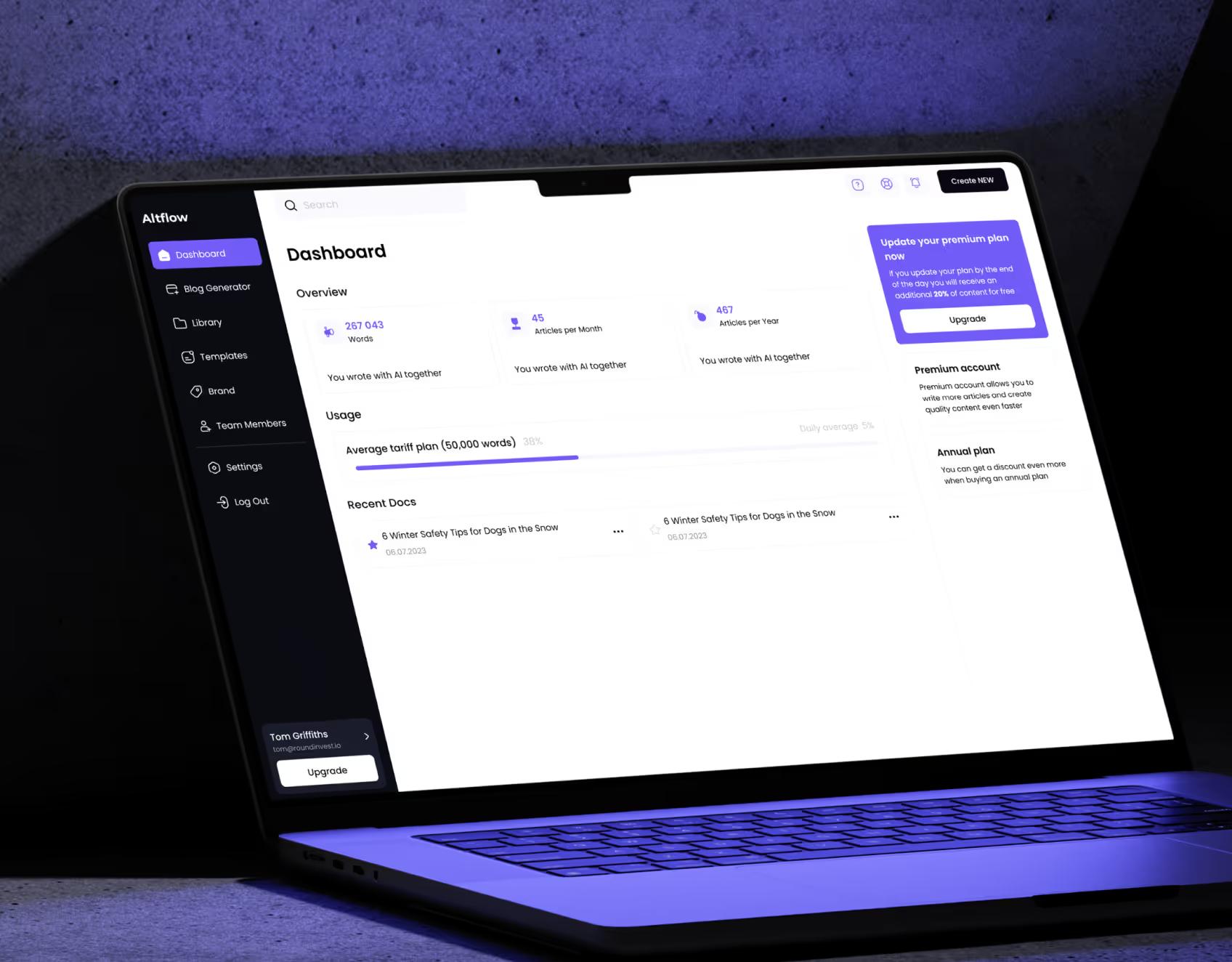 Design for Altflow, an AI tool that creates SEO-optimized articles